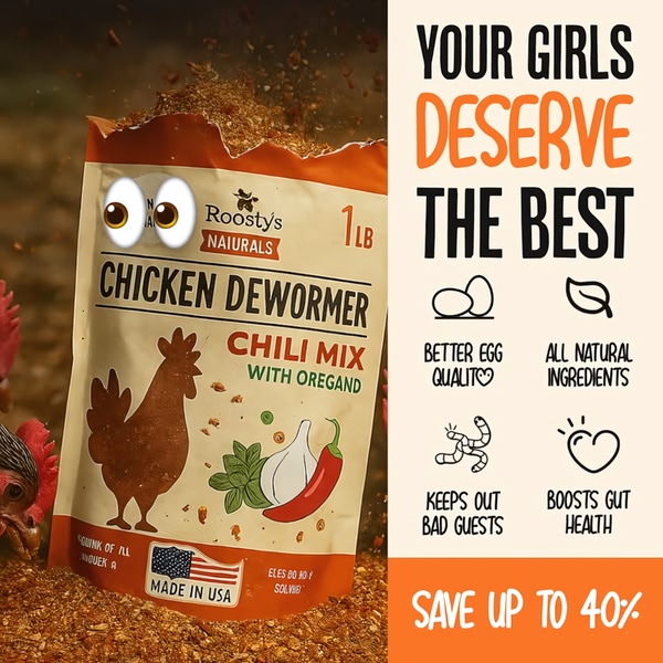 A square ad creative for an all-natural chicken dewormer that uses clear icon-based benefits and a high-contrast color palette to communicate value.